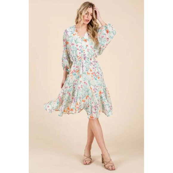 Lime 'N' Chili Floral Cinched Waist Balloon Sleeve V-Neck Dress - Picture 8 of 10